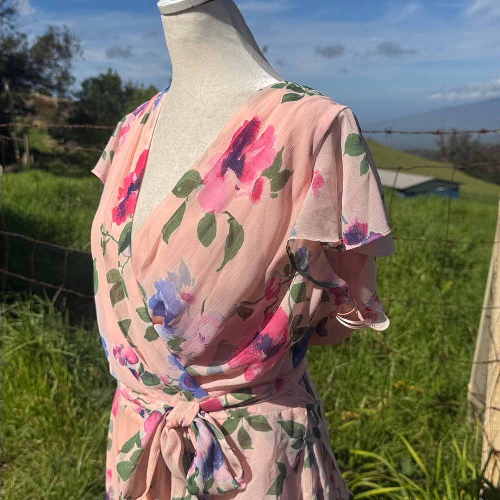 NWT Lauren Ralph Lauren Floral Belted Crinkle Georgette Dress Ruffle Pink 12 - Picture 3 of 8